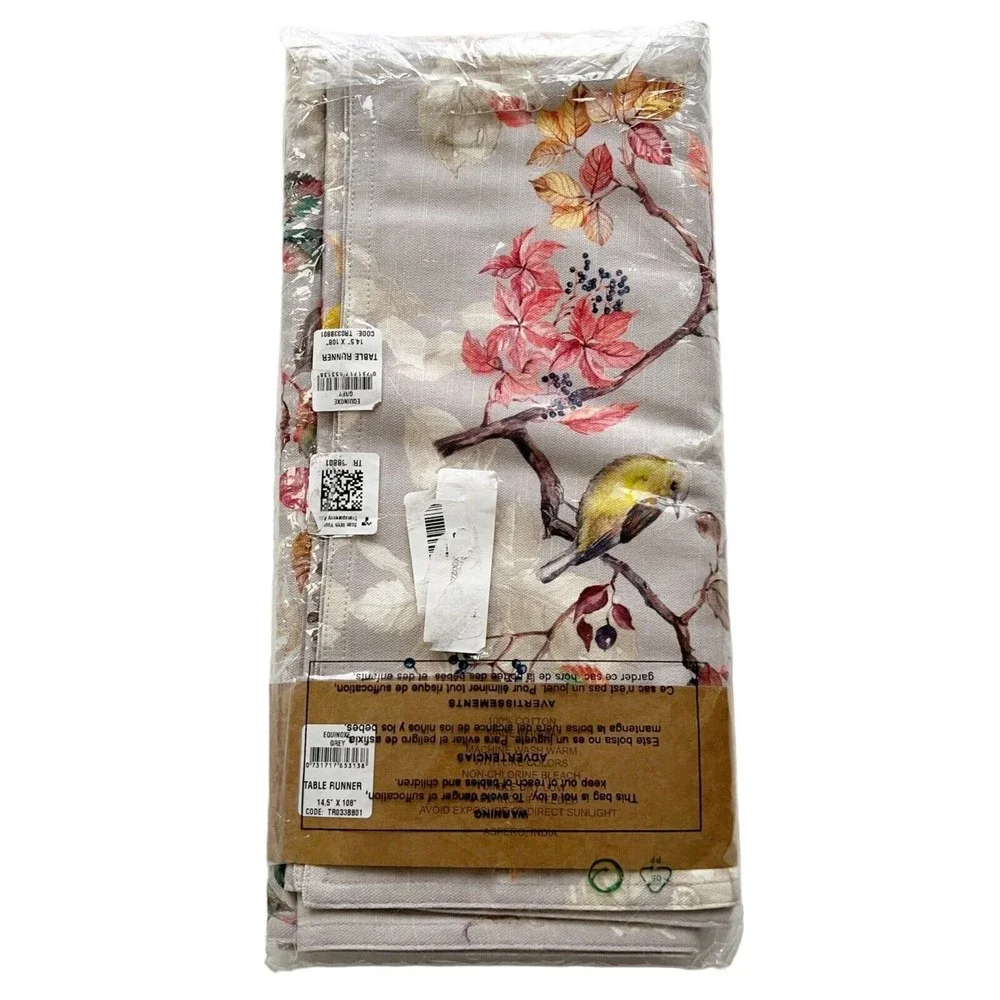 Maison d’ Hermine Equinoxe Grey Table Runner Floral Bird Autumn Forest 14.5x108